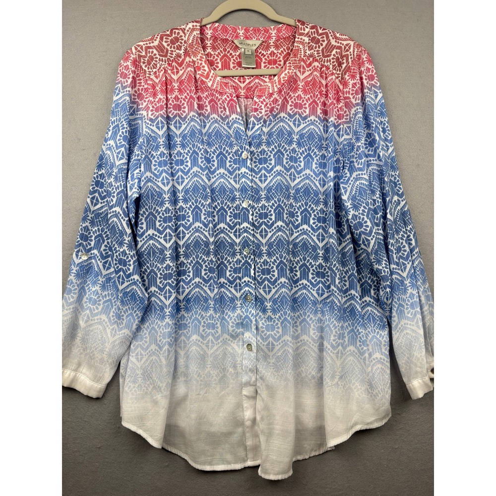 Multiples Blouse Womens 1X Geometric Ombre Roll Tab Sleeve Button Front